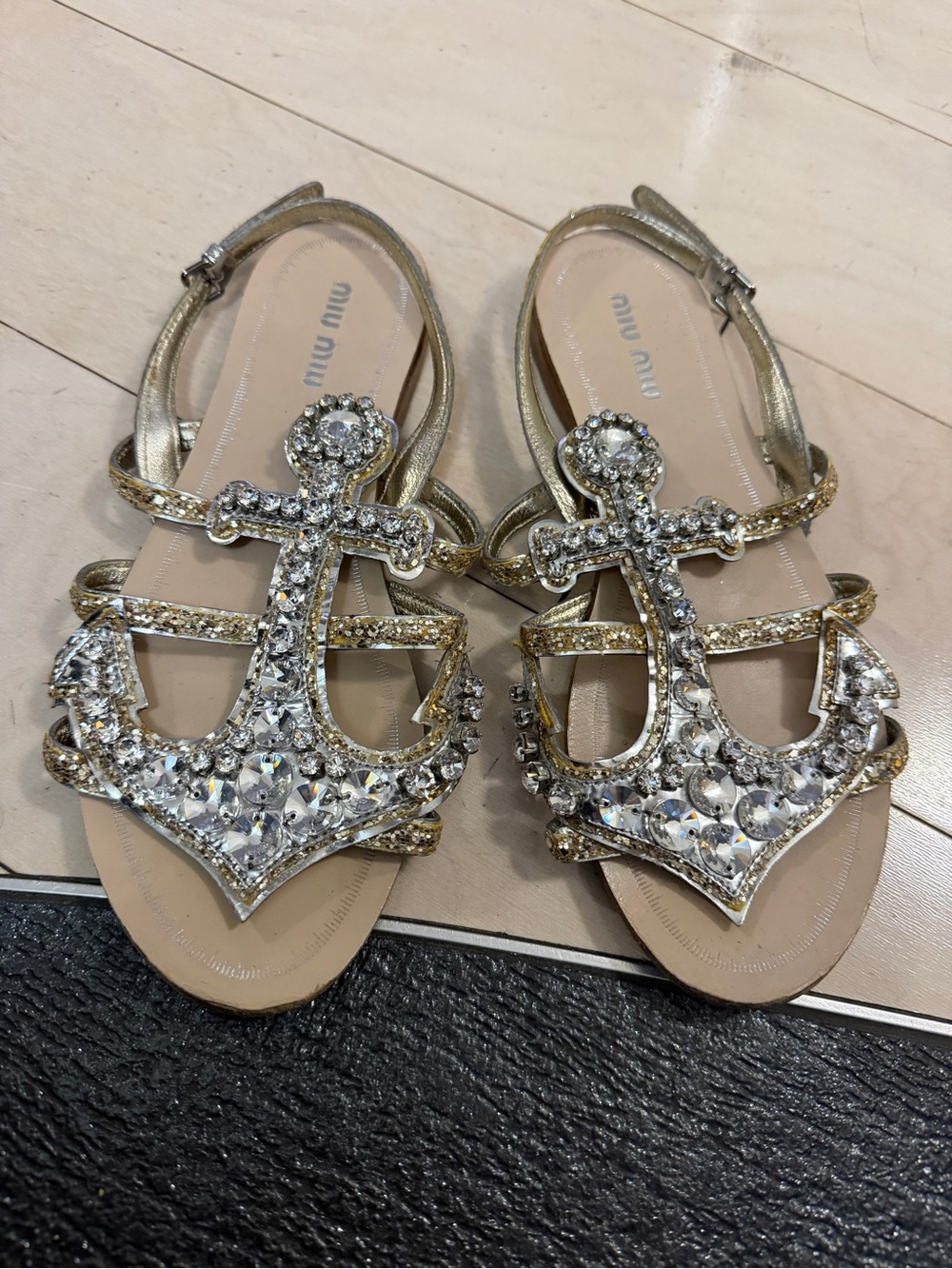 Miu Miu Gold Crystal Anchor Slingback Sandals Sz 35.5